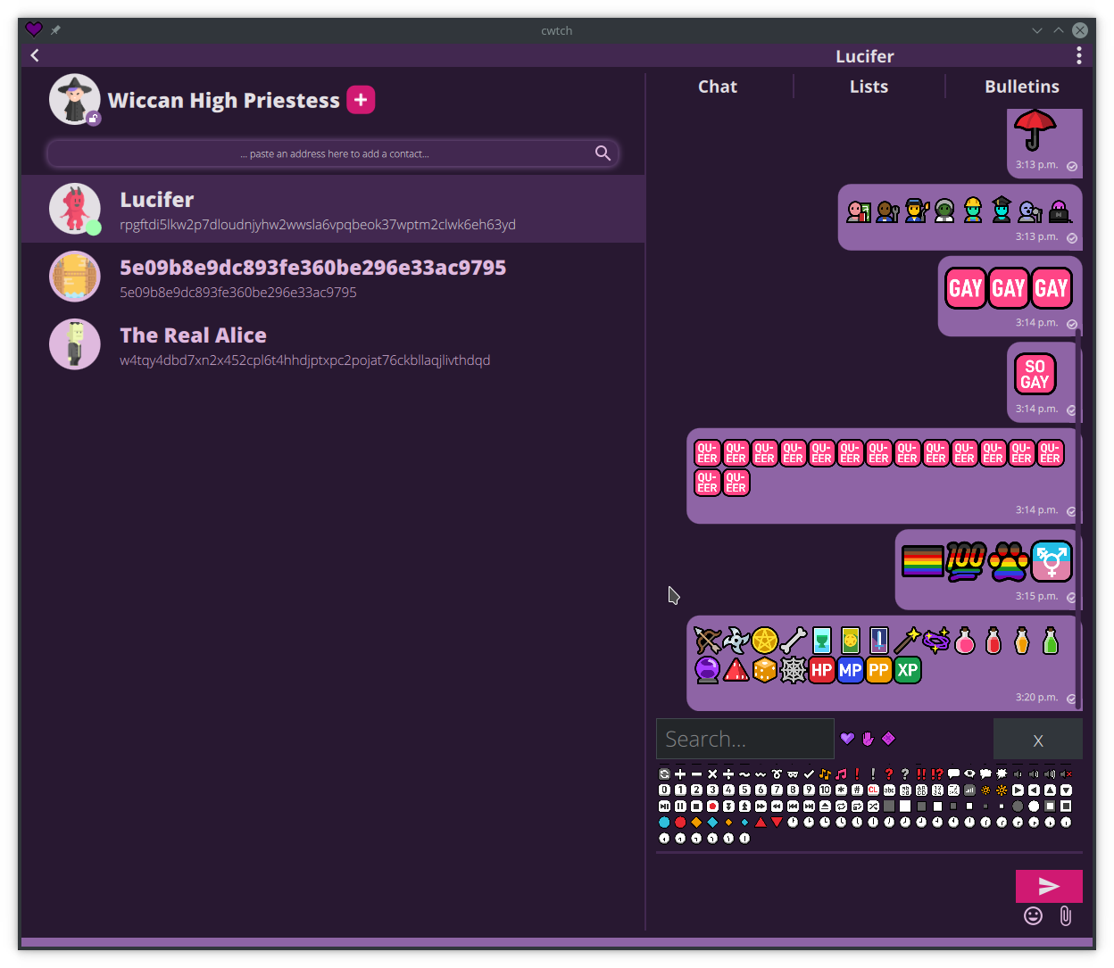 Screenshot of the Cwtch alpha, Qt version. It depicts the newly designer user interface in a partially implemented earlier state, and the developer has been testing integration with the Mutant Standard emoji set in the message area.