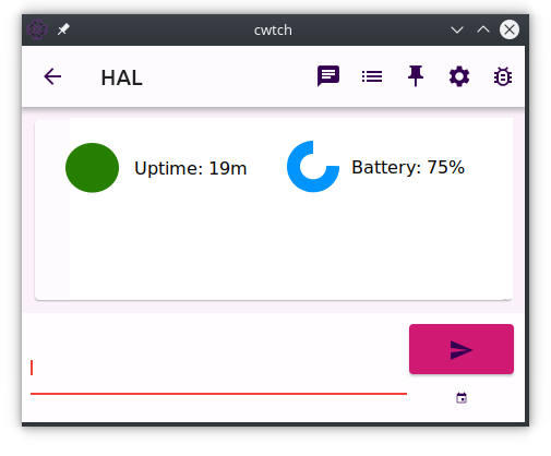 Screenshot of a Cwtch bot dashboard showing uptime and battery life
